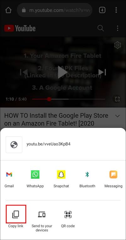 Screenshot image showing the "copy link" button of a YouTube video on a mobile device 