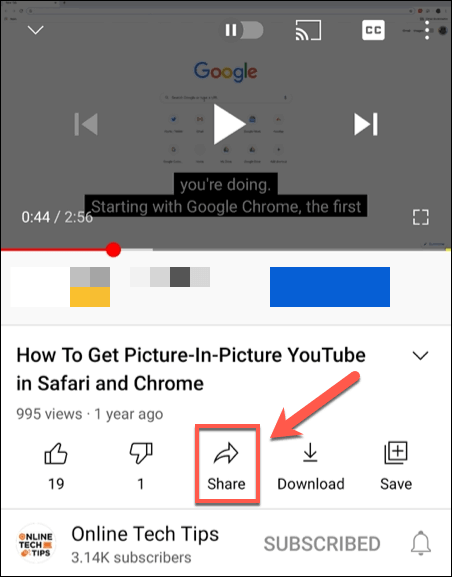Screenshot image of YouTube video showing the "Share" button 