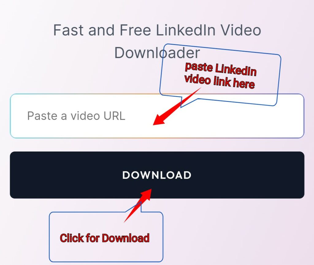 Screenshot image of LinkedIn video downloader showing the "input box " where you can paste the LinkedIn video link. Below the box, image shows the "Download" button 